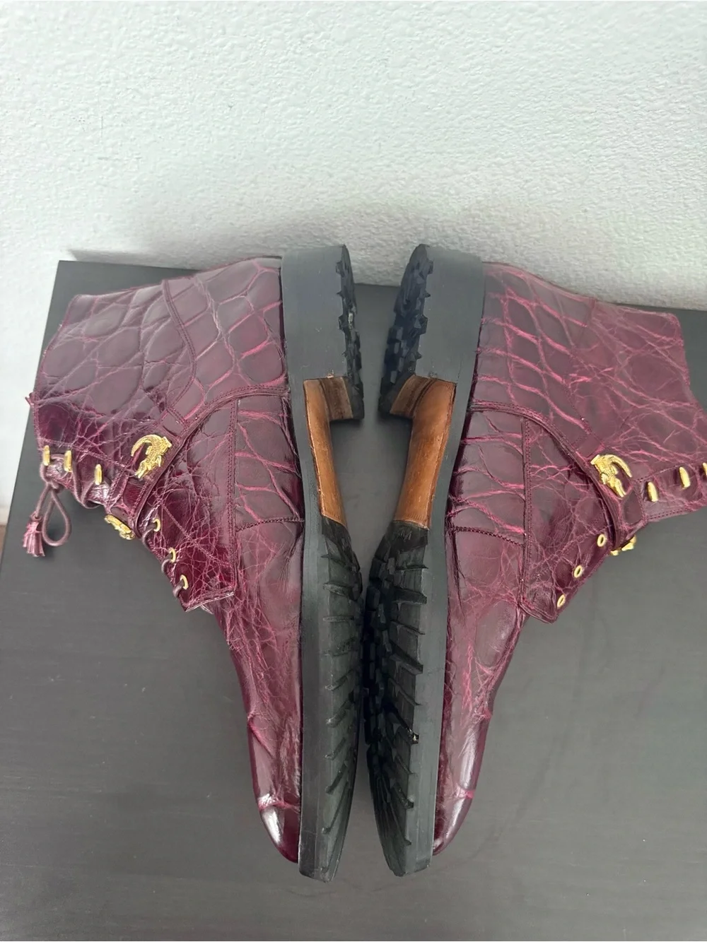Mauri Luxury Combat Dress Ankle Boots Exotic Leather Genuine Alligator Burgundy